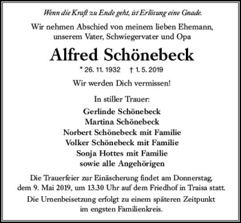 Traueranzeige von Alfred Schönebeck von vrm-trauer