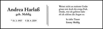 Traueranzeige von Andrea Harlaß von vrm-trauer