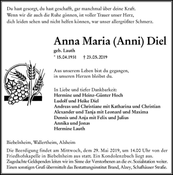 Traueranzeige von Anna Maria (Anni) Diel von vrm-trauer