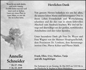 Traueranzeige von Annelie Schneider von vrm-trauer