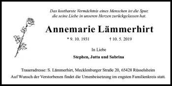 Traueranzeige von Annemarie Lämmerhirt von vrm-trauer