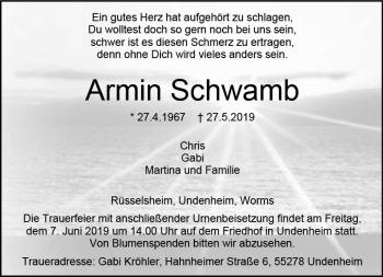 Traueranzeige von Armin Schwamb von vrm-trauer