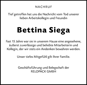 Traueranzeige von Bettina Siega von vrm-trauer