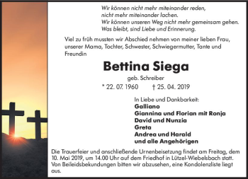 Traueranzeige von Bettina Siega von vrm-trauer