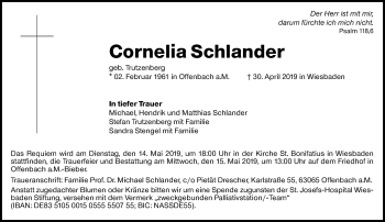 Traueranzeige von Cornelia Schlander von vrm-trauer
