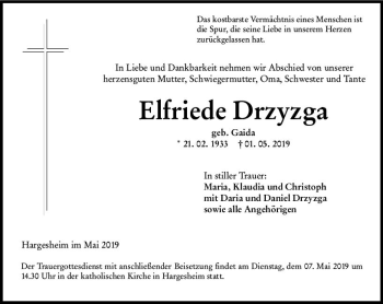 Traueranzeige von Elfriede Drzyzga von vrm-trauer