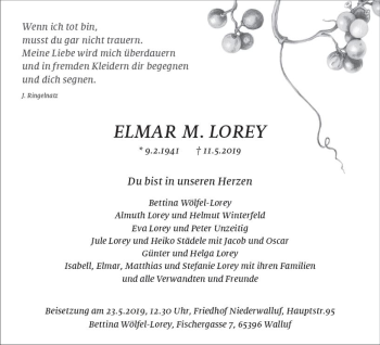 Traueranzeige von Elmar M. Lorey von vrm-trauer