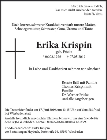 Traueranzeige von Erika Krispin von vrm-trauer
