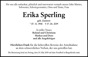 Traueranzeige von Erika Sperling von vrm-trauer