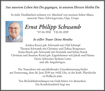 Traueranzeige von Ernst Philipp Schwamb von vrm-trauer
