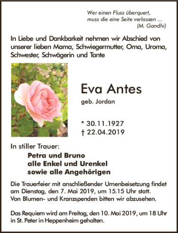 Traueranzeige von Eva Antes von vrm-trauer