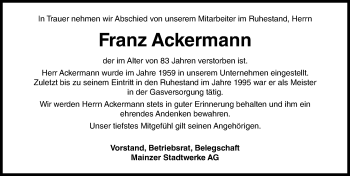 Traueranzeige von Franz Ackermann von vrm-trauer
