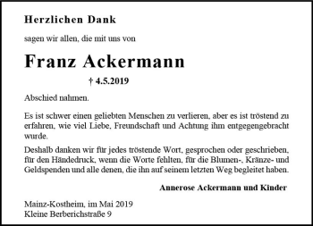 Traueranzeige von Franz Ackermann von vrm-trauer