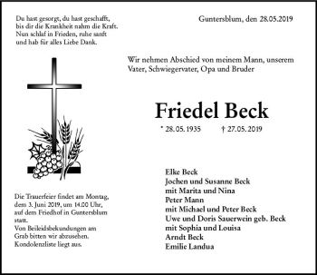 Traueranzeige von Friedel Beck von vrm-trauer