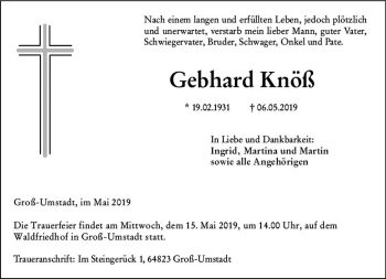 Traueranzeige von Gebhard Knöß von vrm-trauer