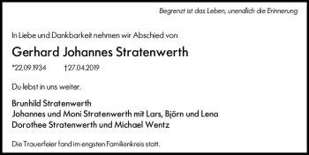 Traueranzeige von Gerhard Johannes Stratenwerth von vrm-trauer