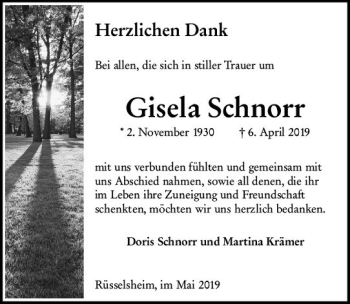 Traueranzeige von Gisela Schnorr von vrm-trauer