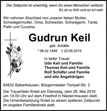 Traueranzeige von Gudrun Keil von vrm-trauer