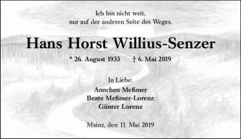 Traueranzeige von Hans Horst Willius-Senzer von vrm-trauer
