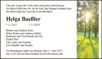 Traueranzeige von Helga Baeßler von vrm-trauer