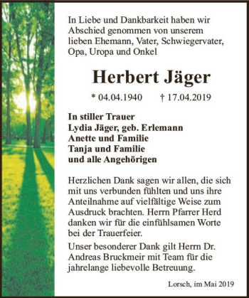 Traueranzeige von Herbert Jäger von vrm-trauer