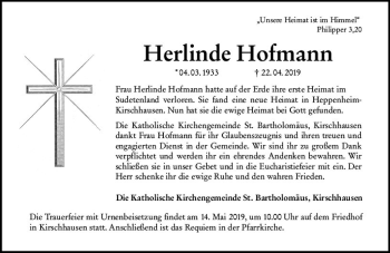 Traueranzeige von Herlinde Hofmann von vrm-trauer