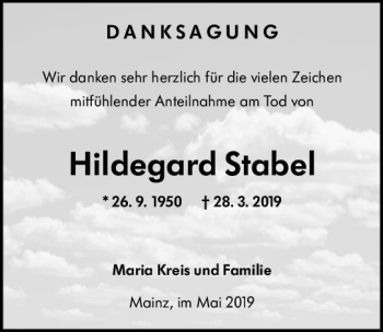 Traueranzeige von Hildegard Stabel von vrm-trauer
