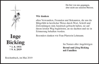 Traueranzeige von Inge Bicking von vrm-trauer