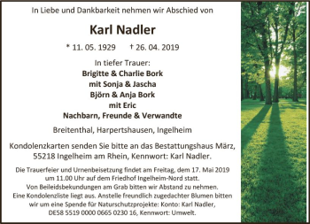 Traueranzeige von Karl Nadler von vrm-trauer