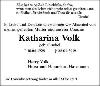 Traueranzeige von Katharina Volk von vrm-trauer