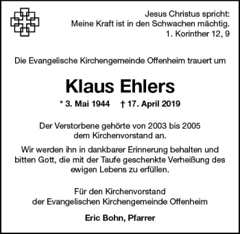 Traueranzeige von Klaus Ehlers von vrm-trauer