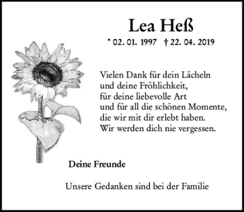 Traueranzeige von Lea Heß von vrm-trauer
