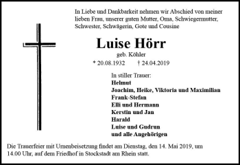 Traueranzeige von Luise Hörr von vrm-trauer