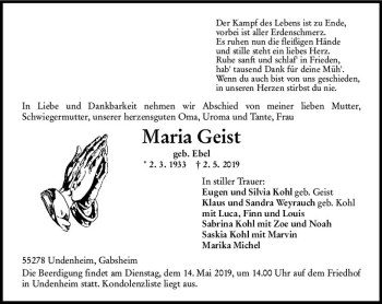 Traueranzeige von Maria Geist von vrm-trauer