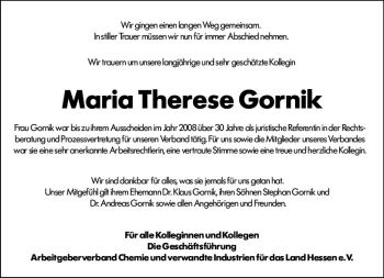 Traueranzeige von Maria Therese Gornik von vrm-trauer