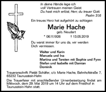 Traueranzeige von Marie Hache von vrm-trauer