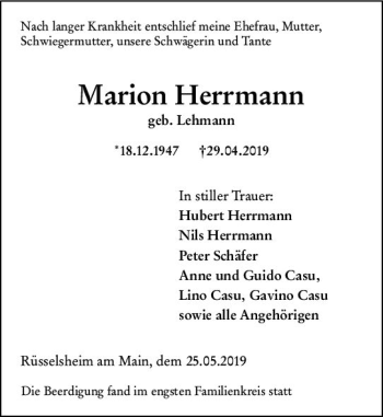 Traueranzeige von Marion Herrmann von vrm-trauer