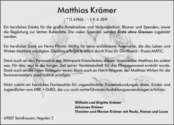 Traueranzeige von Matthias Krämer von vrm-trauer