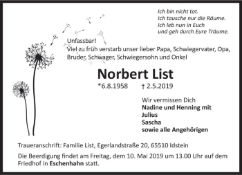 Traueranzeige von Norbert List von vrm-trauer