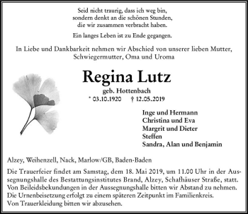Traueranzeige von Regina Lutz von vrm-trauer