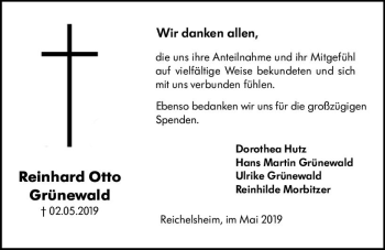 Traueranzeige von Reinhard Otto Grünewald von vrm-trauer