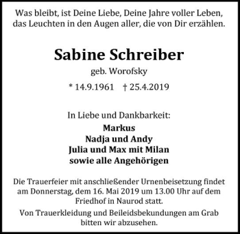 Traueranzeige von Sabine Schreiber von vrm-trauer