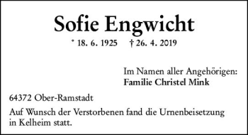 Traueranzeige von Sofie Engwicht von vrm-trauer