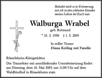 Traueranzeige von Walburga Wrabel von vrm-trauer