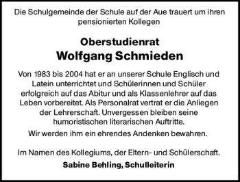 Traueranzeige von Wolfgang Schmieden von vrm-trauer