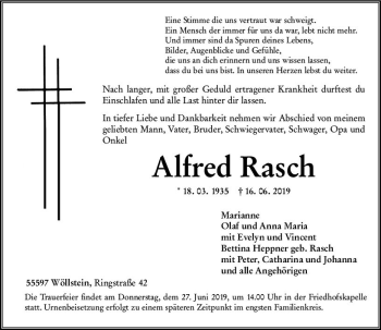 Traueranzeige von Alfred Rasch von vrm-trauer