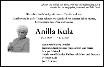 Traueranzeige von Anilla Kula von vrm-trauer