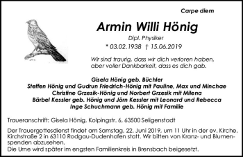Traueranzeige von Armin Willi Hönig von vrm-trauer