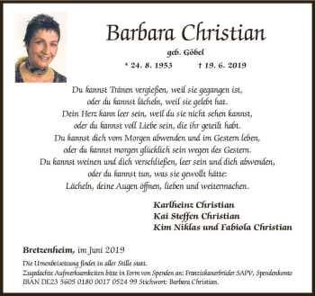 Traueranzeige von Barbara Christian von vrm-trauer