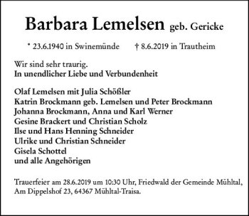 Traueranzeige von Barbara Lemelsen von vrm-trauer